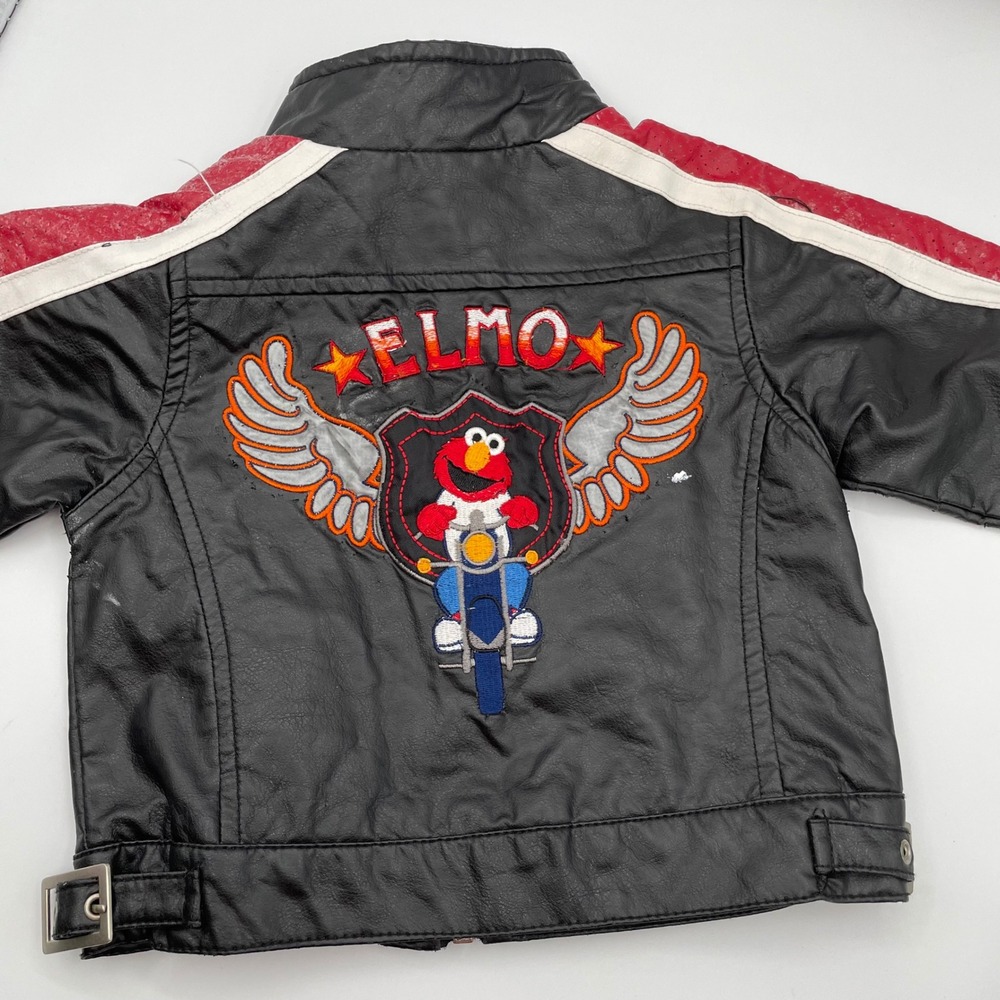 *READ Sesame Street Elmo Vtg Y2K 2006 Biker Jacket Black Red Faux Leather 12M - Picture 2 of 11